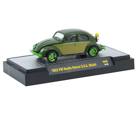 1953 Volkswagen Beetle Deluxe USA Model in Green and Tan with Green Chrome Rims and Accents - M2MACHINES