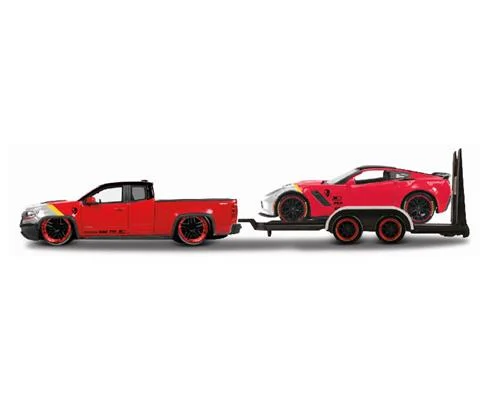 2017 Chevrolet Colorado Pickup Truck in Red with Flatbed Trailor Hauling a 2020 Corvette Stingray in Red - Elite Transport