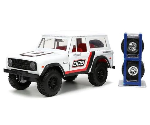 1973 Ford Bronco Hardtop in Glossy White with Tire Rack and Extra Wheels - JADA TOYS