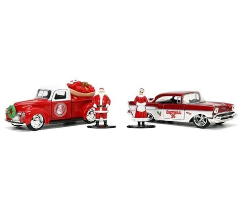 1941 Ford Pickup and 1957 Chevrolet Bel Air with Santa and Mrs Claus Figures - JADA TOYS