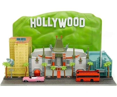 Hollywood Walk of Fame Nano Scene with Double-Decker Tour Bus in Red and 1958 Cadillac Series 62 Convertible in Pink