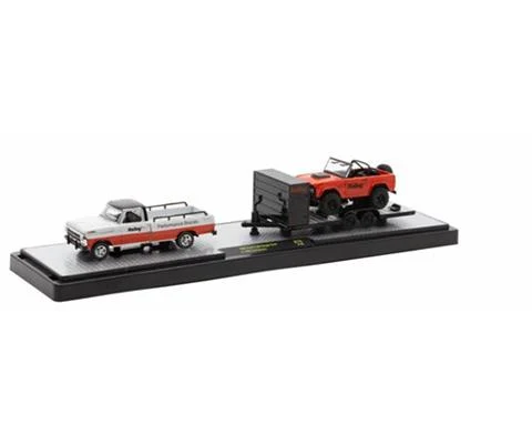 Holley-themed 1969 Ford Ranger Truck in White and Orange and 1966 Ford Bronco in Orange on a dual-axle open race