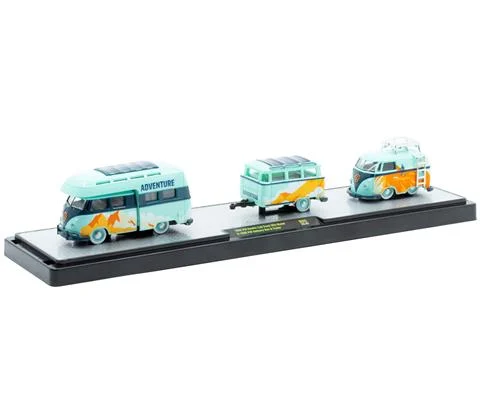 1959 Volkswagen Double Cab Truck USA Model and 1960 Volkswagen Delivery Van and Trailer in Light Blue with Orange Mountain - M2MACHINES