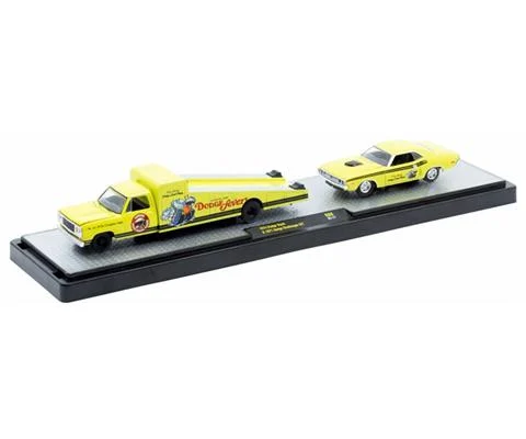 1974 Dodge Fever Hauler and 1971 Dodge Challenger R/T - A bright yellow hauler loaded with Mopar muscle paying tribute