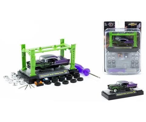 1955 Chevrolet Bel Air Hardtop Custom in Black with Green Flame Decals and Purple Accents - M2MACHINES