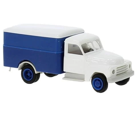 1950 Hanomag L 28 Box Truck in White and Blue - BREKINA