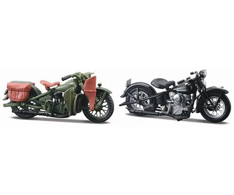 1942 Harley-Davidson WLA Flathead in Green and 1948 Harley-Davidson FL Panhead in Black - 40s Motorcycle 2-pack