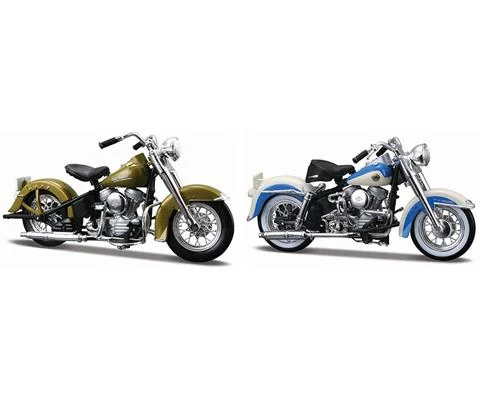 1953 Harley-Davidson Hydra Glide in Gold and 1958 Harley-Davidson Duo Glide in Blue and White - 50s Motorcycle 2-pack