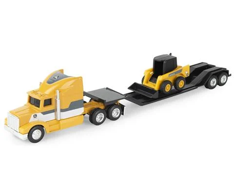 John Deere Farm Semi in Yellow with Flatbed Trailer hauling a Four-wheel Drive Tractor