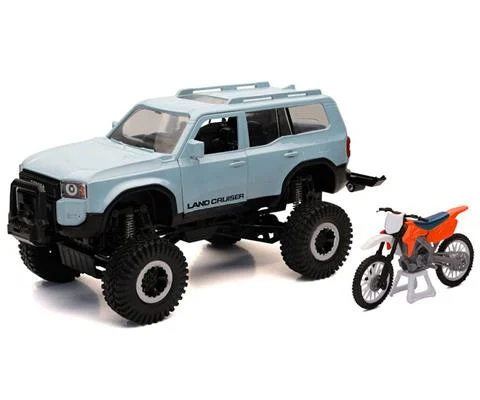 Toyota Land Cruiser 250 in Light Blue with Dirt Bike in Orange and Bike Rack - NEW-RAY