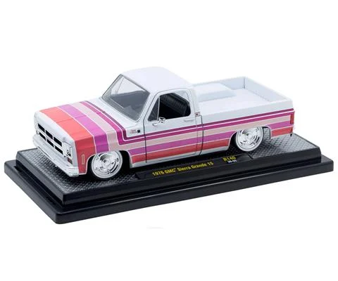 1976 GMC Sierra Grande 15 in White with Multicolor Pink Stripes and Chrome Accents - M2MACHINES