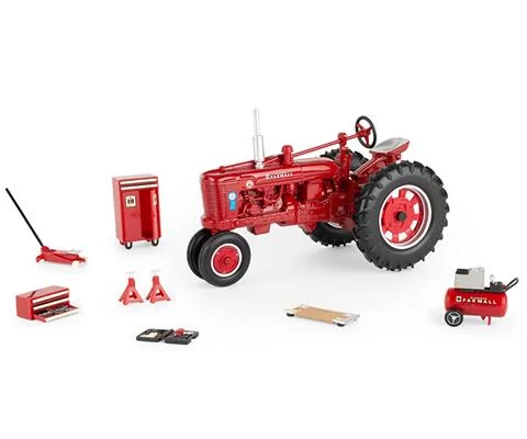 Farmall Super H Tractor Restoration Set with Rolling Tool Chest Jack Stands Rolling Creeper Air Compressor and Tool Case - ERTL