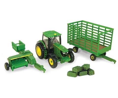 John Deere 6210R Tractor with John Deere 338 Baler Wagon and Bales - TBE45439
