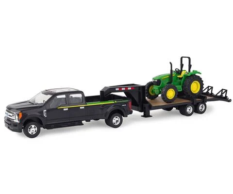John Deere 2017 Ford F-350 with 5th Wheel Trailer Hauling a John Deere 5075E Tractor