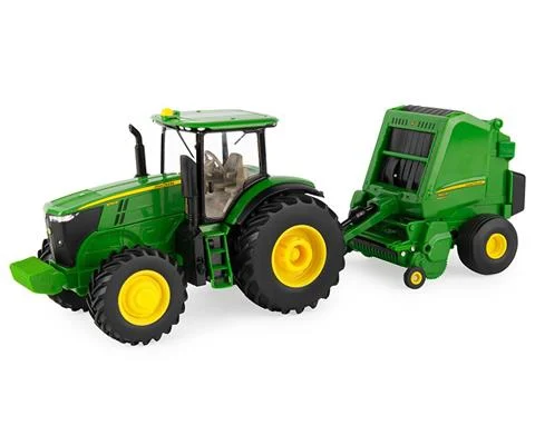 John Deere 7270R Tractor with 560R Round Baler and Round Hay Bale - ERTL