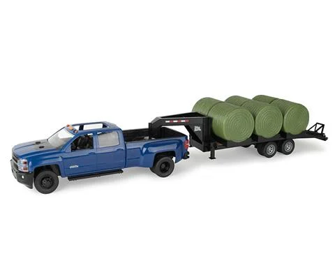 Chevrolet Pickup Truck in Blue with Gooseneck Trailer and 6 Hay Bales - Big Farm Series