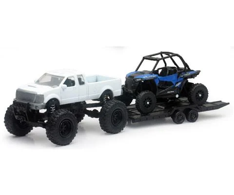 Off-Road Pick Up Truck in White with Trailer and Polaris RZR XP1000 EPS ATV in Blue