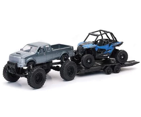 Off-Road Pick Up Truck in Grey with Trailer and Polaris RZR XP1000 EPS ATV in Blue