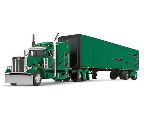 Peterbilt Model 359 with 63 Mid-Roof Sleeper and 53 Utility Roll Tarp Trailer in Green and Black