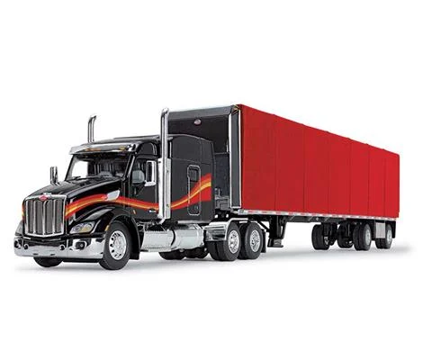 Peterbilt Model 579 with 72 Mid-Roof Sleeper and 53 Utility Roll Tarp Trailer in Black and Red