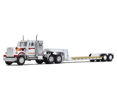 White Western Star 4900 with 36 Vintage Sleeper in White and Orange and Rogers Vintage Lowboy Trailer - DCP