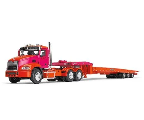 Mack Pinnacle with Minimizer Parts and Talbert 5553TA Traveling-Axle Trailer in Orange and Fuchsia