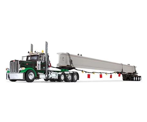 Peterbilt Model 389 Day Cab in Black and Green with ERMC 4-Axle Hydra-Steer Trailer and Bridge Beam Section Load