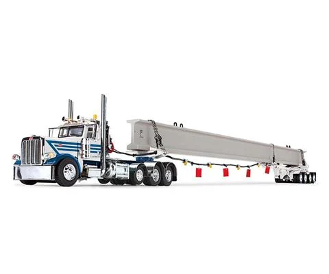 Peterbilt Model 389 Day Cab in White and Blue with ERMC 4-Axle Hydra-Steer Trailer and Bridge Beam Section Load