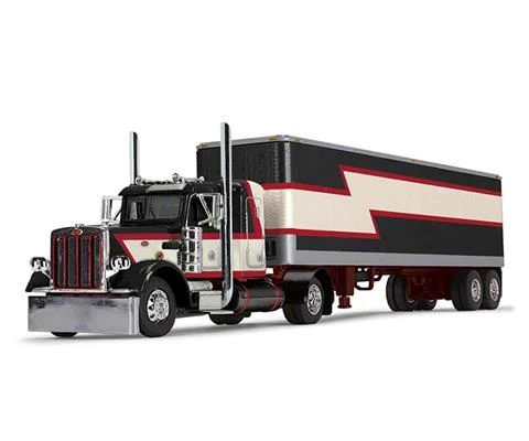 Peterbilt Model 379 Single-Axle Tractor with 36 Flat Top Sleeper and 40 Vintage Trailer in Black Cream and Red