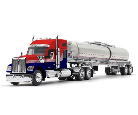Kenworth W990 with 76 Mid-Roof Sleeper in Red and Navy Blue and Brenner Chemical Tank Trailer