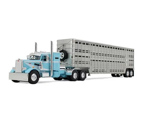 Peterbilt Model 351 with 36 Vintage Sleeper in Blue and White with 45 Wilson Vintage Livestock Trailer - DCP