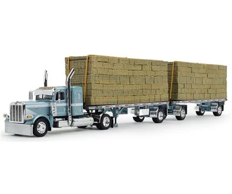 Peterbilt Model 389 Semi Truck with 36 Flat Top Sleeper in Pacific Blue with 28 5 Utility Dual Hay Flatbed - DCP