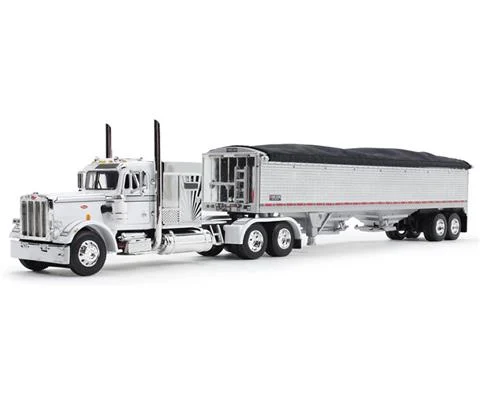 Peterbilt Model 359 Semi Truck with 60 Vintage Sleeper in White and Chrome with 43 Wilson High Side Grain Trailer - DCP