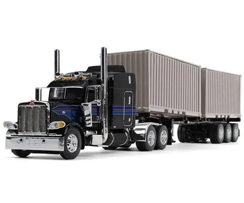 Peterbilt Model 389 with 63 Mid-Roof Sleeper in Jet Black with Container Chassis and Two 20 Containers