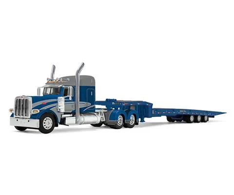 Peterbilt Model 389 with 48 Mid-Roof Sleeper in Rich Blue and Silver with Talbert 5553T Traveling Axle Trailer