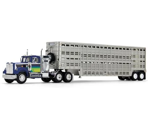 White Western Star 4900 with 36 Vintage Sleeper in Blue with Green Stripes and 45 Wilson Vintage Livestock Trailer - DCP