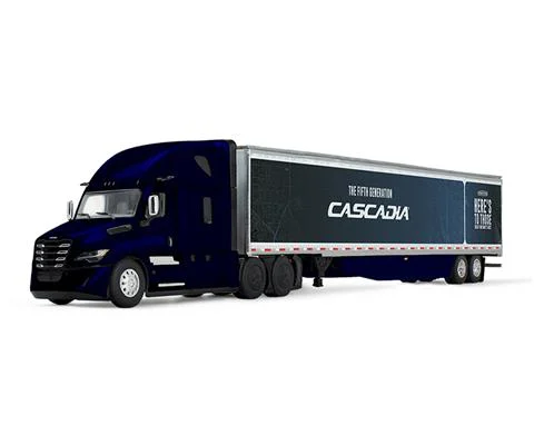 Freightliner Fifth Generation Cascadia Raised Roof Sleeper in black and blue with a 53 Utility Trailer with Skirts Decorated with - DCP