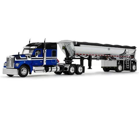 Kenworth W990 with 76 Mid-Roof Sleeper in Blue and Black with MAC Half Round End Dump Trailer