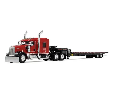 Kenworth W900L with 72 AeroCab Sleeper in Red and Landoll 440B-50CA Traveling Axle Trailer in Black