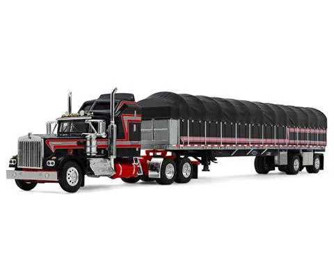Kenworth W900A with Aerodyne Sleeper and 53 Wilson Roadbrute Flatbed Trailer with Covered Wagon in Black and red - DCP