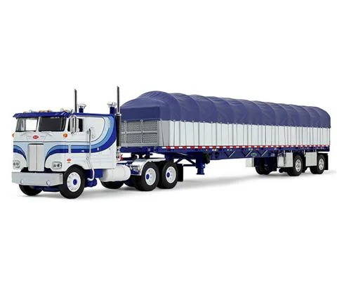 Peterbilt Model 352 COE 110 Sleeper and 53 Wilson Roadbrute Flatbed with Covered Wagon in White and Blue - DCP