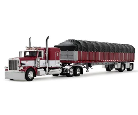 Peterbilt Model 389 with 63 Flat Top Sleeper and 53 Wilson Roadbrute Flatbed with Covered Wagon in Maroon and White - DCP