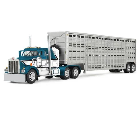 Kenworth W900A with 36 Sleeper in Mariner Blue and Silver and 45 Wilson Vintage Livestock Trailer - DCP