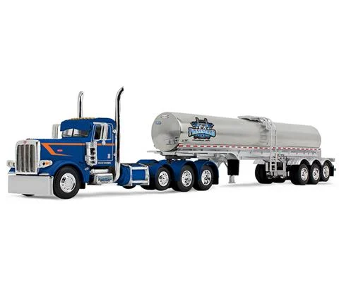 Finnesgard Trucking - Peterbilt Model 389 Tri-Axle Day Cab in Blue with Orange Stripe Hauling Walker Food Grade Tank Trailer