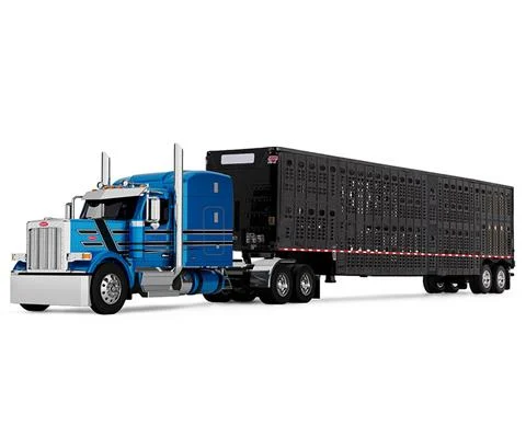 Peterbilt Model 589 with 72 Mid-Roof Sleeper with Wilson Silverstar Livestock Trailer in Bright Blue with Black Stripes