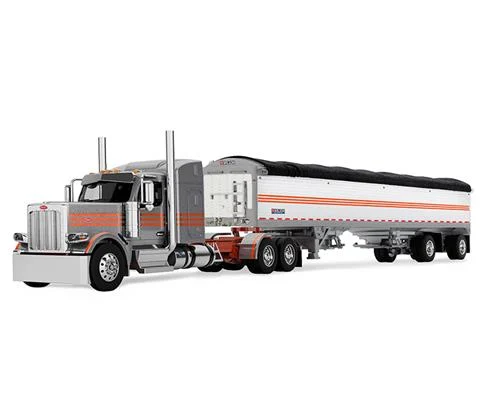 Peterbilt Model 589 with 58 Mid-Roof Sleeper and 50 Wilson Pacesetter Grain Trailer in Silver and Orange