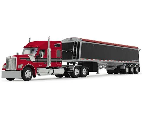 Kenworth W990 in Red and Black with 76 Mid-Roof Sleeper and Lode King Distinction Hopper Trailer