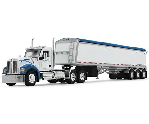 Kenworth W990 Day Cab and Lode King Distinction Hopper Trailer in White and Blue - DCP