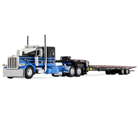 Peterbilt Model 389 with Flat Top Sleeper in Blue and Black Hauling Landoll 440B-50CA Traveling Axle Trailer
