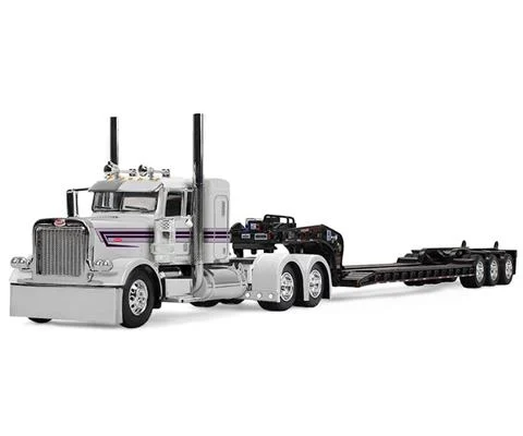 Peterbilt Model 389 with Flat Top Sleeper in White and Black Hauling Fontaine Magnitude Lowboy Trailer - DCP